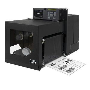 Linksgerichtete Frontansicht des TSC PEX-2000, ein Hochleistungs-6-Zoll Druckmodul mit Farbdisplay und gedrucktem Etikett