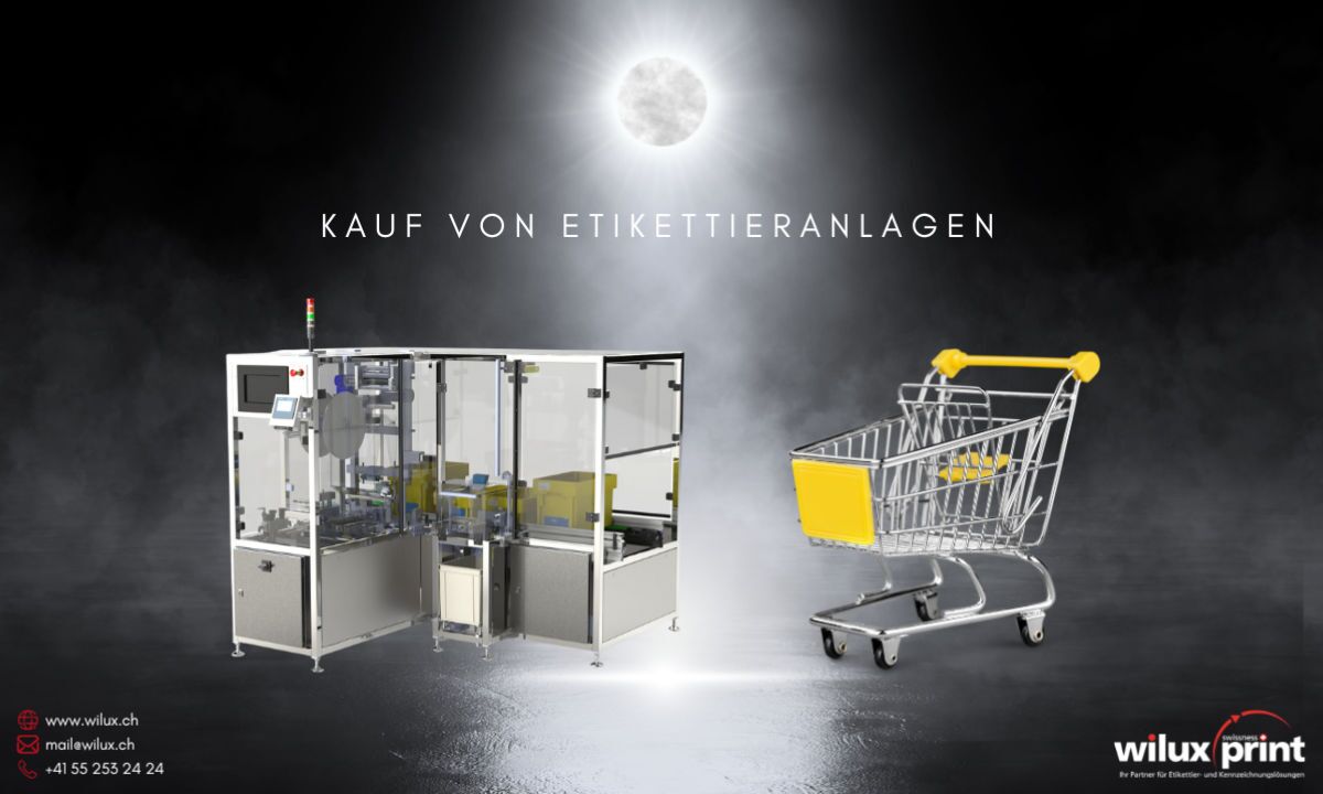 Eine automatisierte Etikettieranlage von WILUX PRINT neben einem Einkaufswagen, symbolisierend den erfolgreichen Kauf von Etikettieranlagen für eine optimierte Produktion und Verpackungslösung.