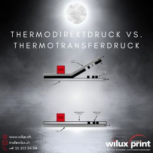 Illustration des Unterschieds zwischen Thermodirektdruck und Thermotransferdruck mit beschrifteten Komponenten, dargestellt auf dunklem Hintergrund unter einem leuchtenden Mond – Blog Etikettendrucker