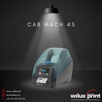 cab MACH 4S Typ P Etikettendrucker mit Spendefunktion zur effizienten Etikettenausgabe im industriellen Einsatz.