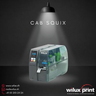 cab SQUIX 2 Zoll Etikettendrucker für industrielle Anwendungen, unterstützt Thermodirekt- und Thermotransferdruck und bietet robuste Drucktechnologie.