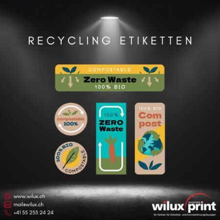 Verschiedene Designs von umweltfreundlichen Recycling Etiketten, darunter kompostierbare und 100% biologische Optionen für nachhaltige Produktkennzeichnung.