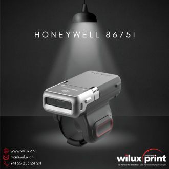 Der Honeywell 8675i tragbare Barcode-Scanner, in Grau und Schwarz gehalten, abgebildet in seitlicher Ansicht mit integriertem Fingerhalter, für bequeme Handhabung in industriellen und logistischen Umgebungen.