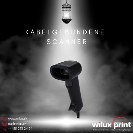 Kabelgebundener Barcode Scanner auf einer beleuchteten Plattform mit dem WILUX PRINT Logo, ideal für stabile und kostengünstige Datenerfassung in sicherheitskritischen Bereichen und festen Arbeitsplätzen.