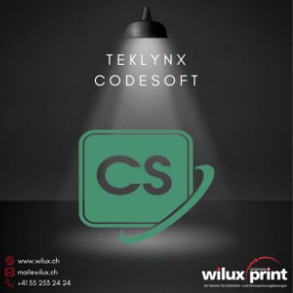 TEKLYNX CODESOFT CS Logo unter Spotlight, präsentiert von WILUX PRINT, Ihrem Partner für fortschrittliche Etikettierungssoftware und Barcode-Management.