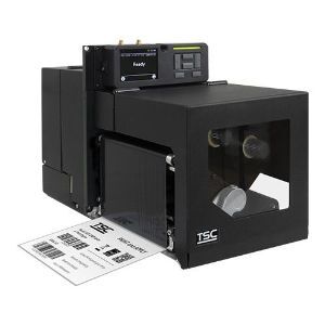 Rechtsgerichtete Frontansicht der TSC PEX-2000 Serie mit Farb LCD-Display und gedrucktem Etikett, zeigt das 6-Zoll Druckmodul