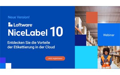 Webinar-Banner zur Einführung von Loftware NiceLabel 10, das die Vorteile der cloudbasierten Etikettierung und die neuen Funktionen präsentiert.