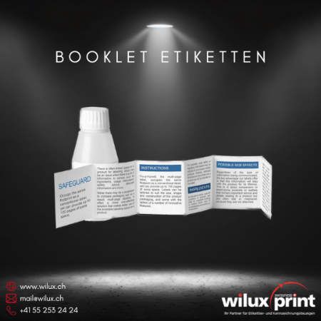 Eine weiße Flasche mit einem aufklappbaren Booklet Etikett, das detaillierte Produktinformationen bietet.