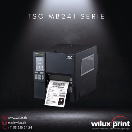 TSC MB241 Serie Etikettendrucker für Industrie, kompakter Drucker mit Thermotransfer- und Thermodirektdruck, ausgestattet mit Bluetooth 5.0 und Wi-Fi, ideal für hochvolumige Etikettierungsprozesse in Produktionslinien.