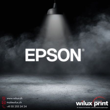 Epson Logo vor dunklem Hintergrund, repräsentativ für hochwertige Farbetikettendrucker nach Marken, die brillante Druckqualität und Effizienz bieten.