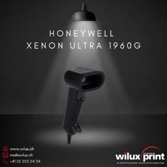 Der Honeywell Xenon Ultra 1960g Barcode-Scanner in frontaler rechter Seitenansicht, beleuchtet unter einer Lampe. Der Scanner bietet eine schnelle und präzise Barcode-Erfassung für den Einsatz in anspruchsvollen Umgebungen.