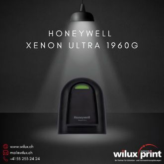 Der Honeywell Xenon Ultra 1960g Barcode-Scanner, von oben beleuchtet unter einer Lampe. Der Scanner bietet präzise Barcode-Erfassung und robustes Design für den Einsatz in Einzelhandels- und Industrieumgebungen.