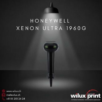 Rückansicht des Honeywell Xenon Ultra 1960g Barcode-Scanners, beleuchtet unter einer Lampe, zeigt das ergonomische Design für komfortable Handhabung in industriellen Umgebungen.