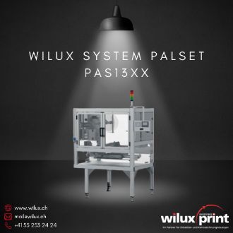 Paletten Etikettierer WILUX System PalSet PAS13XX, ein automatisches System zur präzisen Kennzeichnung von Paletten und Transportgebinden. Ausgestattet mit einem Inline-Thermotransferdrucker für hochwertige Barcode-Kennzeichnung nach SSCC-GS1-Standard.