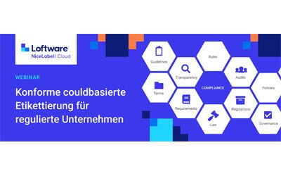 Webinar-Banner zur Loftware NiceLabel Label Cloud mit Fokus auf cloudbasierte, konforme Etikettierung für regulierte Unternehmen.