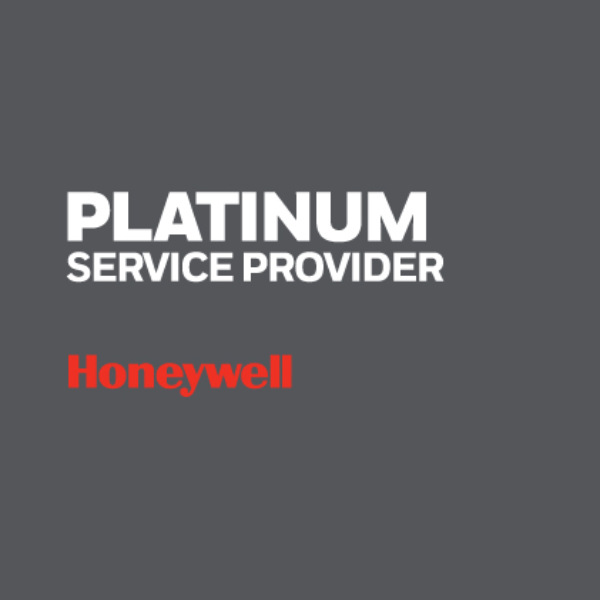 Honeywell Barcode Scanner Platinum Service Provider Honeywell auf grauem Hintergrund mit weiss, rotem Text