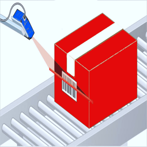 Sick Barcode Scanner der CLV6er Serie Beispiel Barcode Scan der roten Verpackung auf grauem Förderband