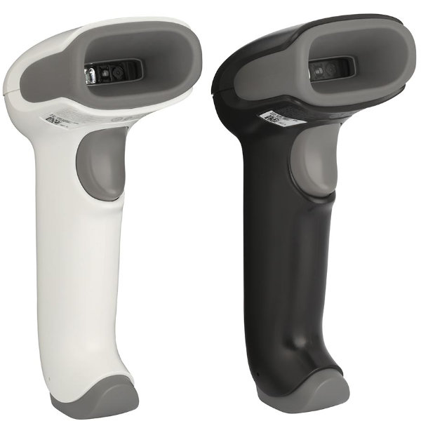 Right-facing view of the Honeywell Voyager 1470g universal scanner, wireless in elegant Black and White, highlighting its top-notch ergonomics and scan precision