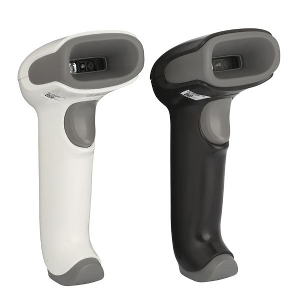 Right-facing view of the Honeywell Voyager 1472g universal scanner in white and black, outstanding scanning performance