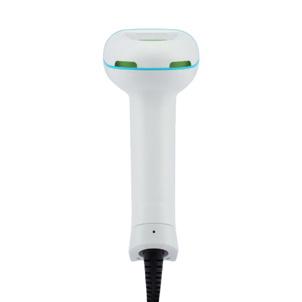 Elegant Premium Scanner Honeywell Xenon Ultra 1960g in white, accentuated by turquoise highlights, equipped with two green LED light strips at the top and a sleek, ergonomic design with a connection cable at the bottom
