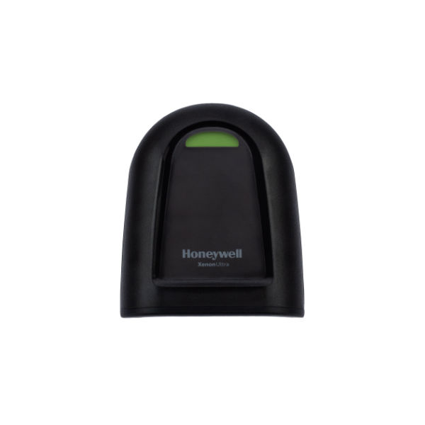 Premium Scanner Honeywell Xenon Ultra 1960g in sleek black, characterized by a striking green LED light and a sturdy semi-spherical design, adorned with the Honeywell brand logo