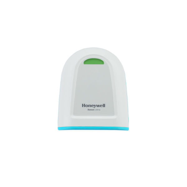 Honeywell Xenon Ultra 1960g Premium Scanner in elegant white with a striking green LED light at the top, turquoise-blue accent at the bottom, prominently displayed Honeywell logo and model name, in a semi-circular & compact design