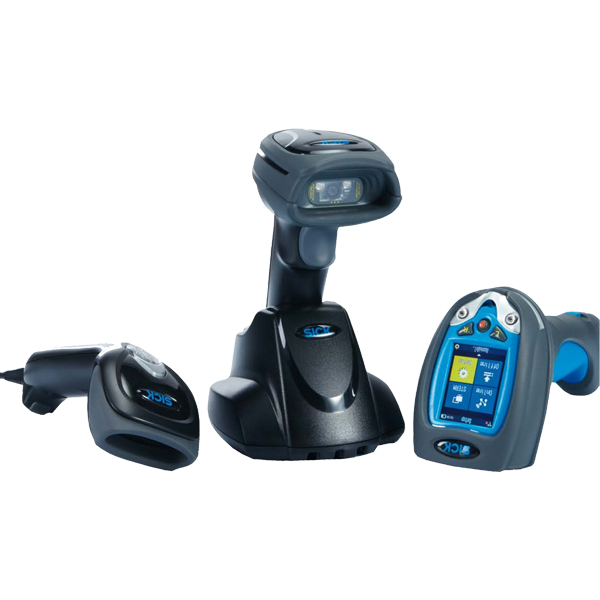 Sick IDM1xx handheld barcode scanner in gray, blue and black, overview of 3 variants