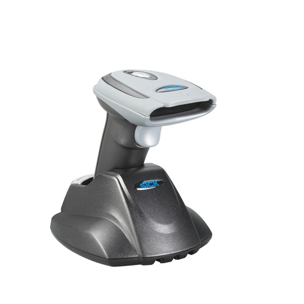 Sick IDM1xx handheld barcode scanner in gray and black with docking station