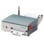 Mobile Etikettendrucker Honeywell Datamax MP Compact4 Mobile Mark III in grau, schwarz und rot mit weissem, bedrucktem Etikett