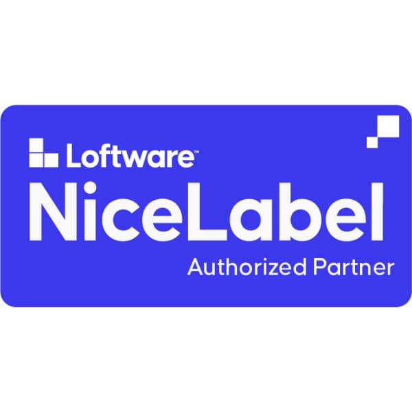 Loftware NiceLabel Authorized Partner in weiss auf blauem Hintergrund