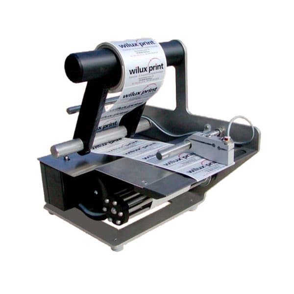 label dispenser electric in silver and black with printed labels