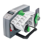 Label dispensers semi automatic electrical in black, silver, green and red with printed labels