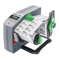 Labelling machines label dispenser electric in grey, black, green and red with printed label