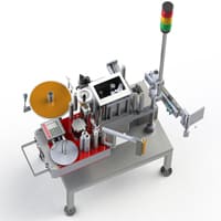 Labelling machines around corner for dispensing rewind with roll-on unit WILUX System PLS31xx UE in red, silver and black