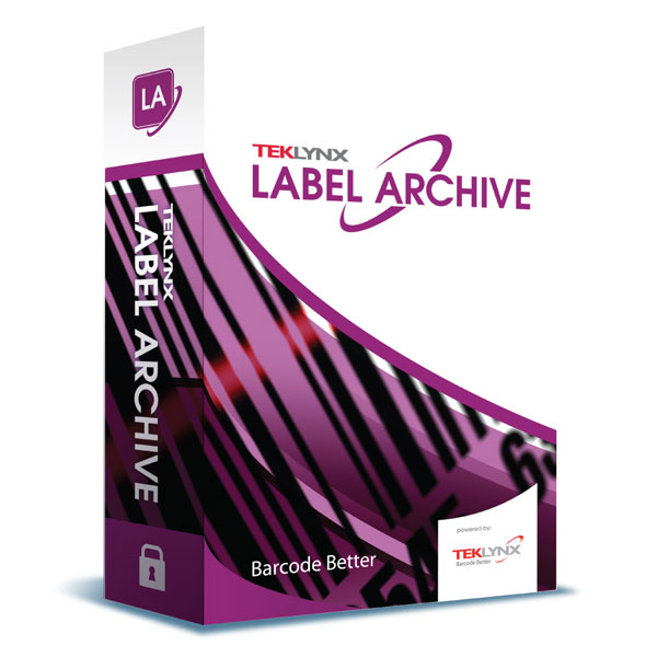 Teklynx LABEL ARCHIVE label software in purple, white, black packaging with white, purple, grey, red text