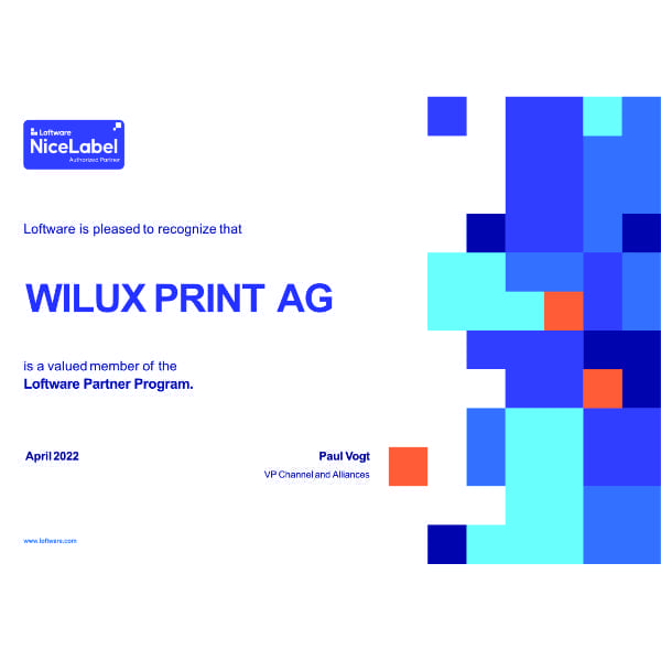 Loftware NiceLabel 2019 Partner Program Certificate in blue letters on white background
