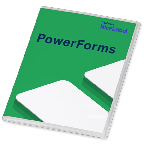 Loftware NiceLabel PowerForms labelling software in green, white packaging with blue writing