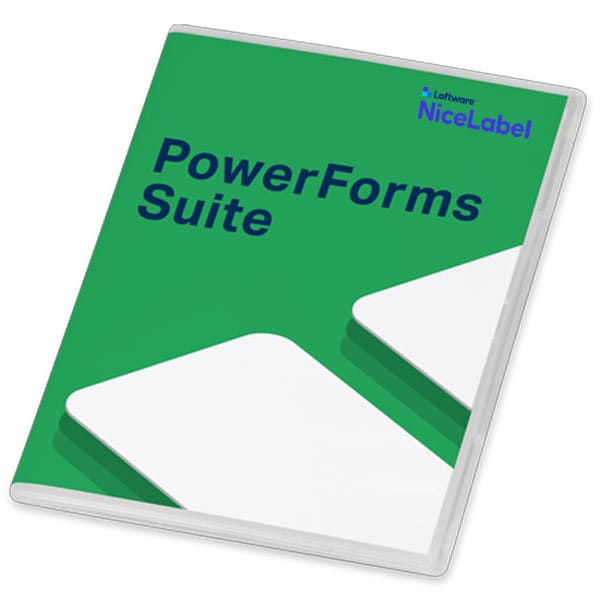 Loftware NiceLabel PowerForms Suite labelling software in green, white packaging with blue writing