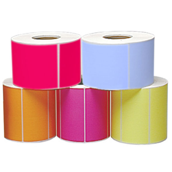 Unprinted colored labels on roll in pink, light blue, orange, violet and yellow in various shapes, sizes and materials