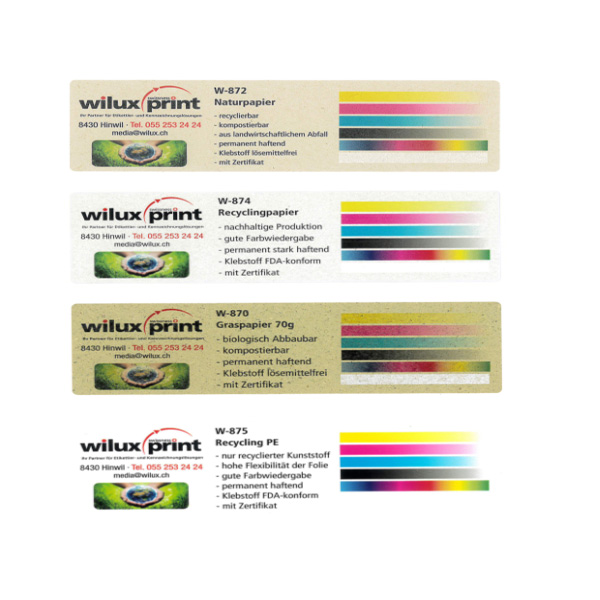 Printed recycling labels made of natural paper, recycled paper, grass paper and recycled PE