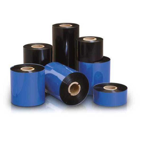 Unprinted wax resin ribbons on roll in blue and black in various shapes and sizes