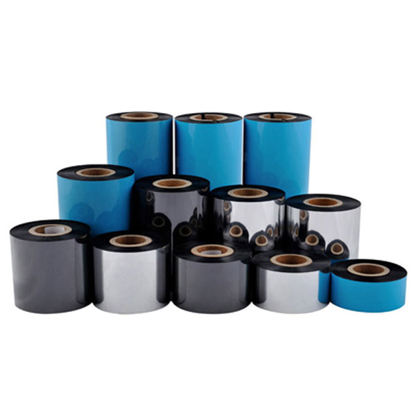 Unprinted wax ribbons on roll in silver, black and blue in various shapes and sizes