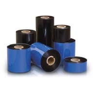 Unprinted thermal transfer wax resin ribbons on roll in blue and black and in various shapes and sizes
