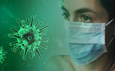WILUX PRINT News Corona Virus molecule in bright green, black and woman in background with light blue white mask