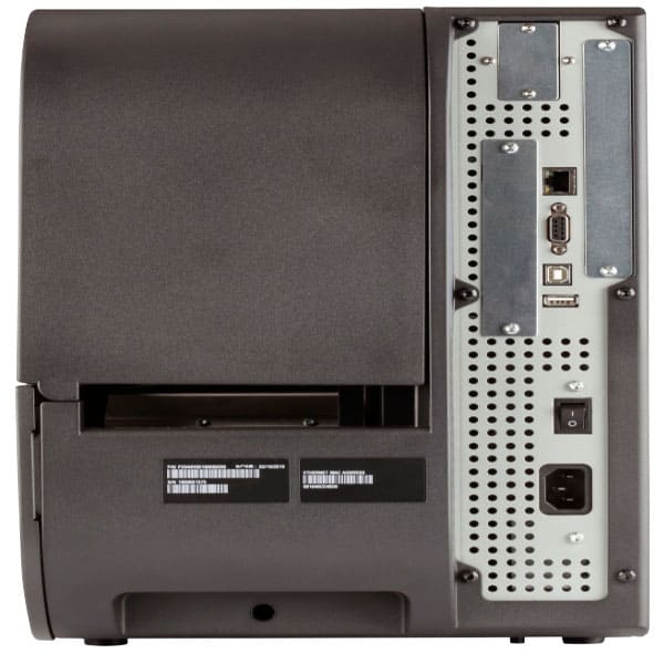 Honeywell PX940 printer in black and silver, rear view of the connections