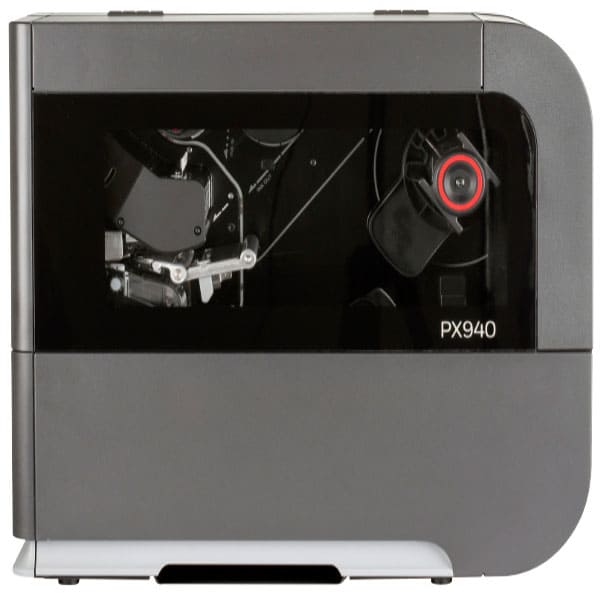 Honeywell PX940 printer in grey, black, red, side view