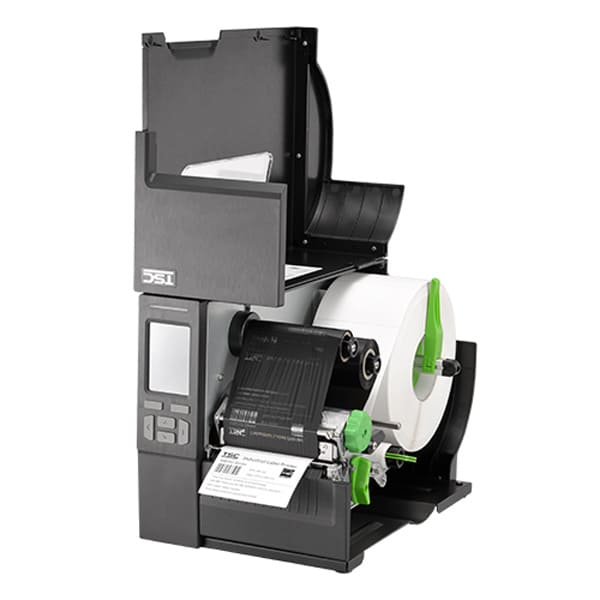 TSC MB240 series in black, with display, open cover and with white printed label