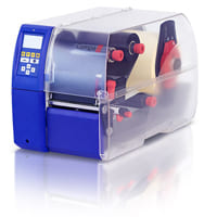 Label printers Carl Valentin Compa III in blue, black and red with transparent compact cover and display