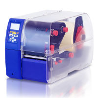 Carl Valentin Compa V, cutting-edge technology among Swiss label printers, distinguished by its vibrant blue casing, clear digital display, user-friendly buttons, and distinctive red roll holders