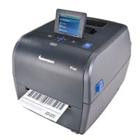 Label printers Honeywell Intermec PC43t in grey and blue with white printed label and blue display